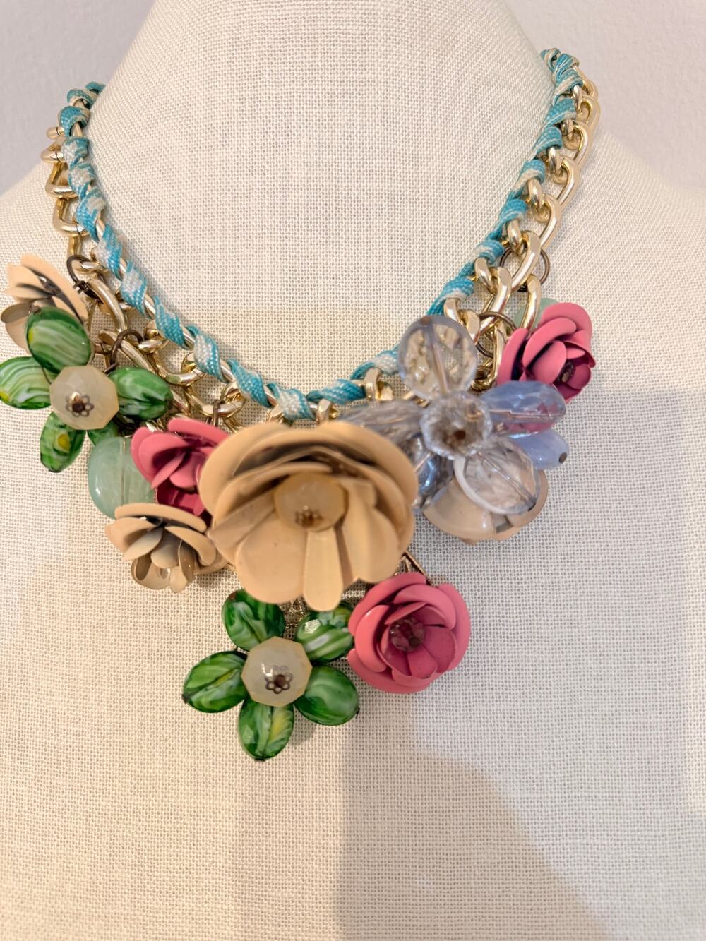 Vintage Enamel Floral Statement Necklace 18” Gold Tone